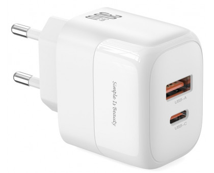 Мережева зарядка XO L138 - GaN 30W PD USB-C & 18W QC USB-A (Білий)