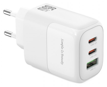 Мережева зарядка XO L139 - GaN 65W PD Dual USB-C & 18W QC USB-A (Білий)