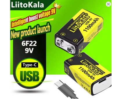 Крона LiitoKala 9В 1100 мАч Li-Ion аккумулятор USB-C для мультиметра, мікрофону, іграшок, рацій